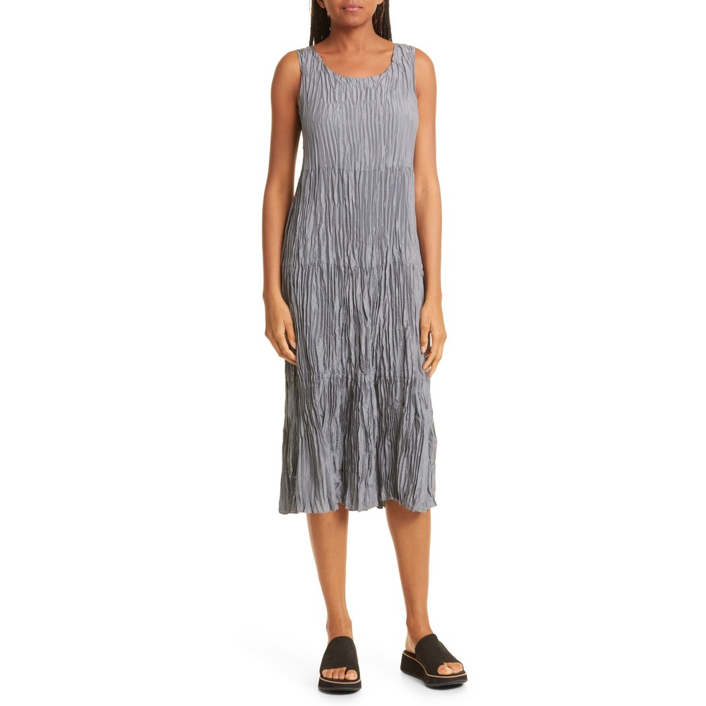 Eileen Fisher Petite Silk Tiered Pleated Midi Dress Grey Sleeveless Scoop Neck S